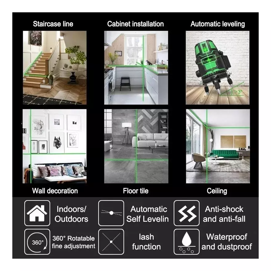 Nivel Láser Automático 360° 5 Líneas Verde Recargable Interior/Exterior-8