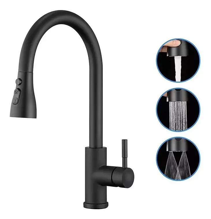 Grifo de Cocina Extraíble de Acero Inoxidable Negro Mate Multifunción-0