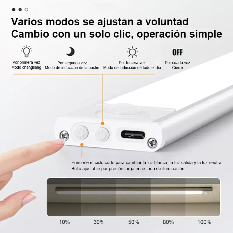 Lámpara LED Sensor Movimiento Recargable USB Ultradelgada Tricolor 30cm-2