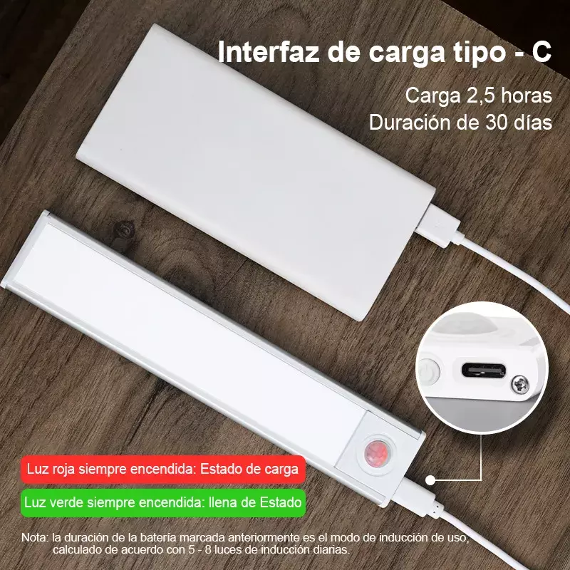 Lámpara LED Sensor Movimiento Recargable USB Ultradelgada Tricolor 30cm-5