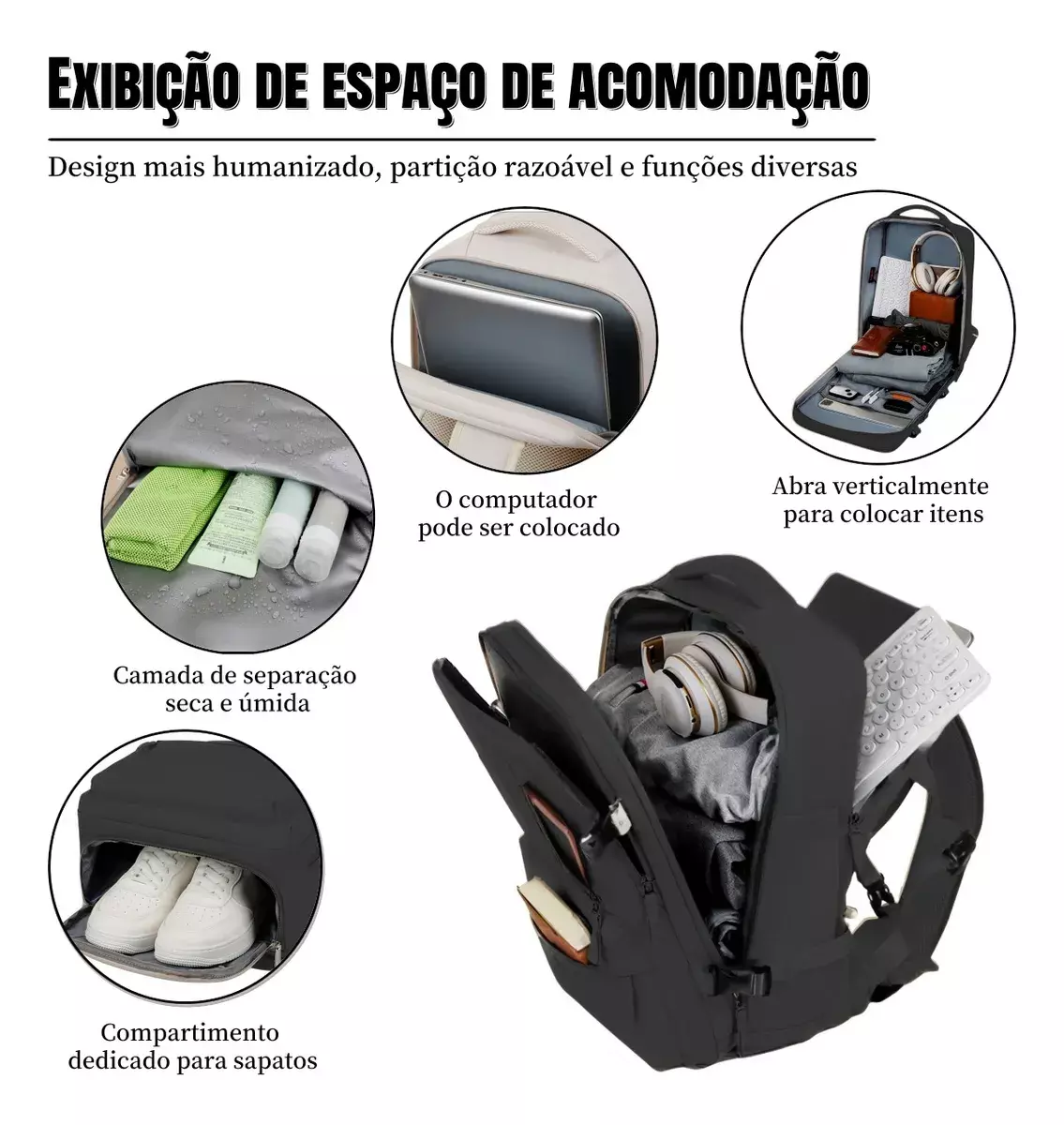 Mochila Impermeable Con Puerto USB Unisex Compartimento Para Laptop Y Zapatos 20L Negra-4