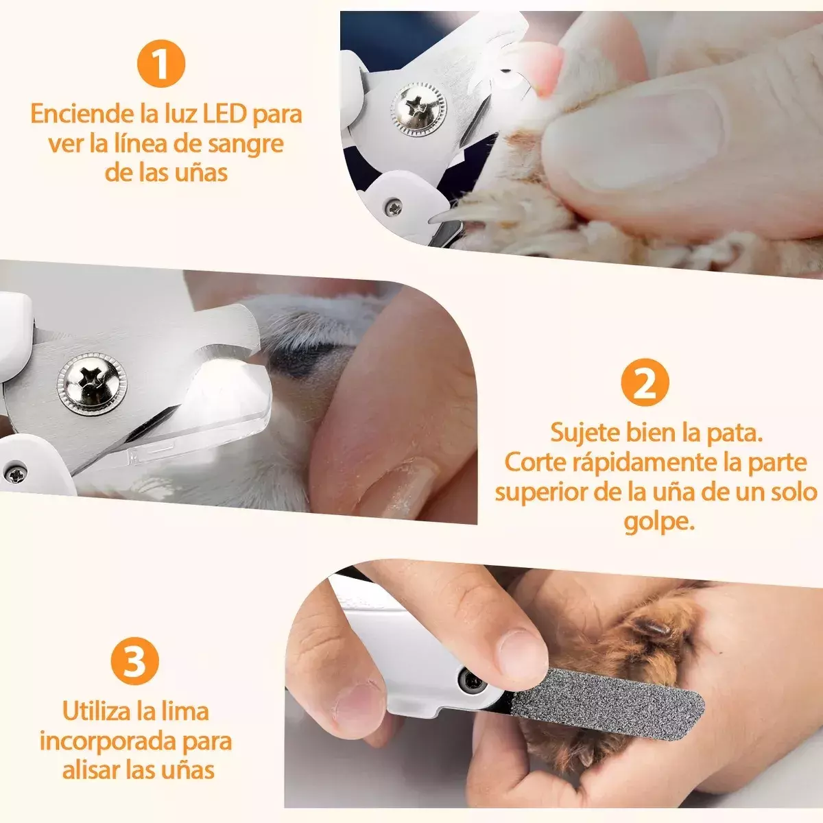 Cortauñas Para Mascotas LED Recargable USB Acero Inoxidable Lima Integrada-2