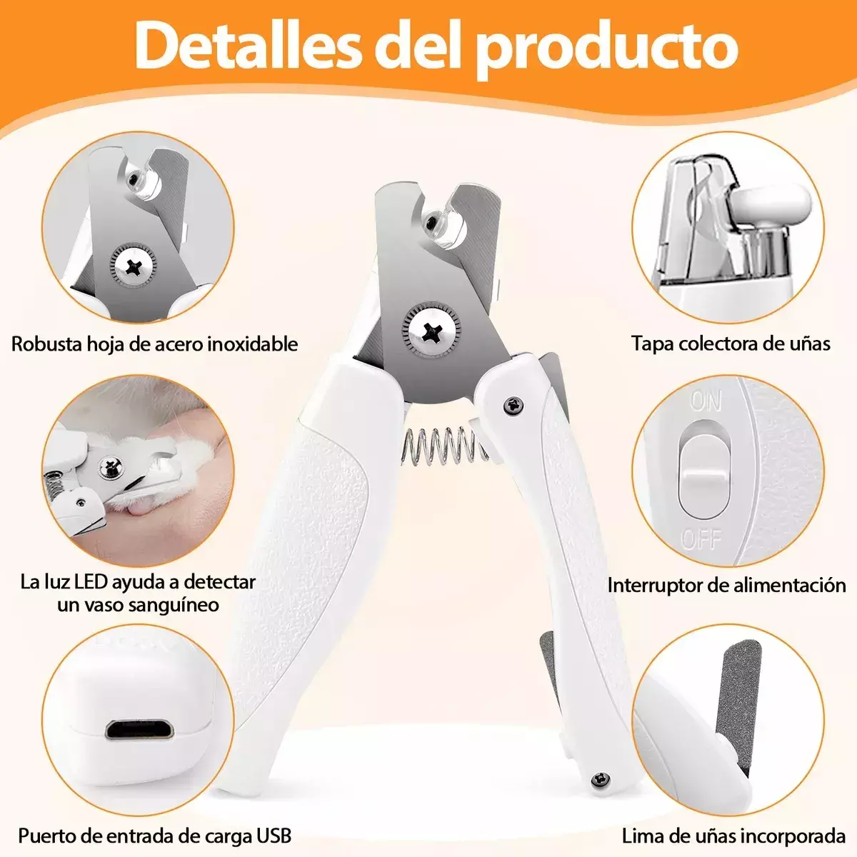 Cortauñas Para Mascotas LED Recargable USB Acero Inoxidable Lima Integrada-6