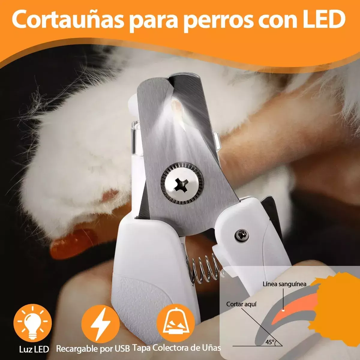 Cortauñas Para Mascotas LED Recargable USB Acero Inoxidable Lima Integrada-7