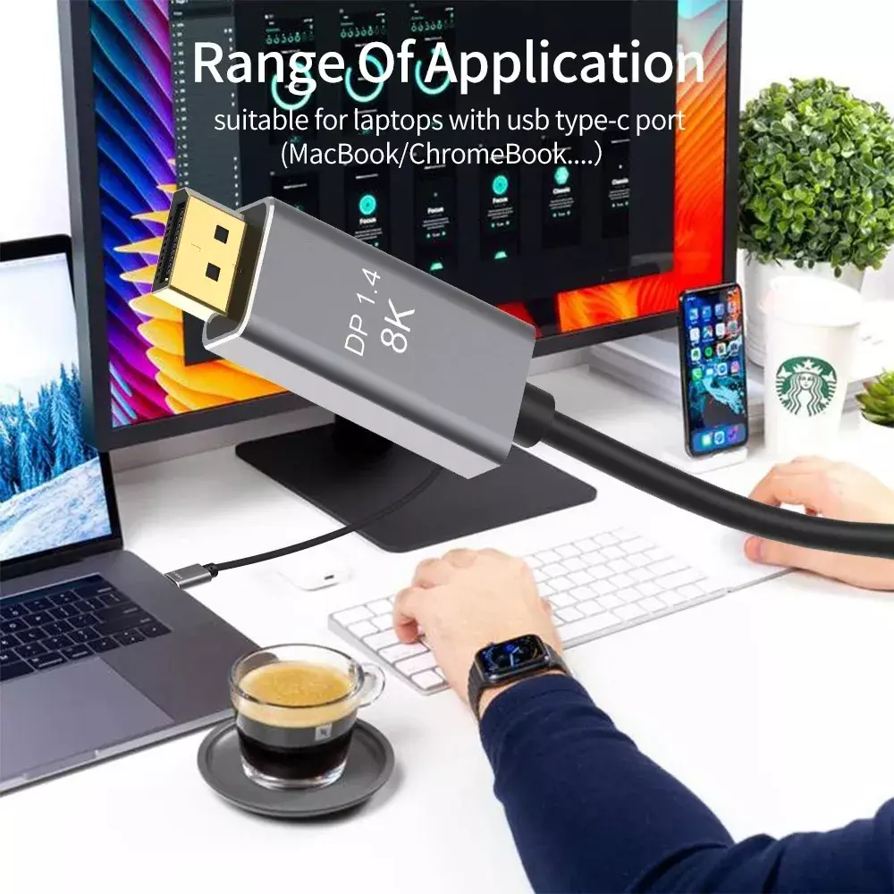 Cable USB-C a DisplayPort 1.4 8K 24K Chapado en Oro-2