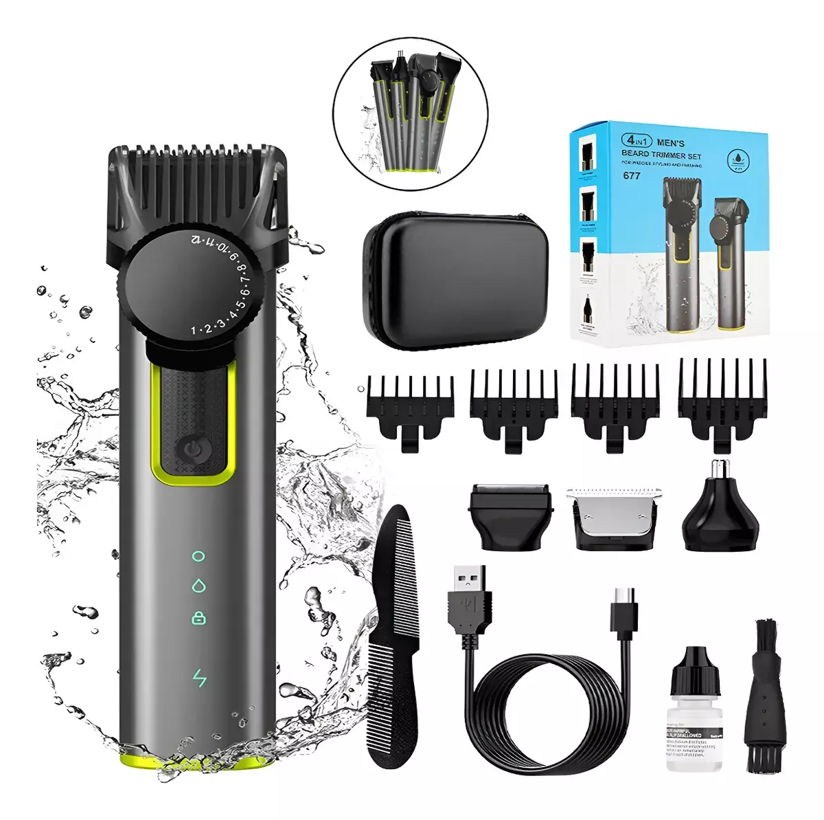 Recortadora de Barba Ajustable Acero Inoxidable Impermeable Carga USB-0