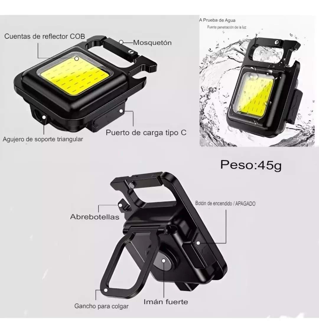 Llavero Luz de Trabajo LED Recargable COB 800 Lúmenes Impermeable-6