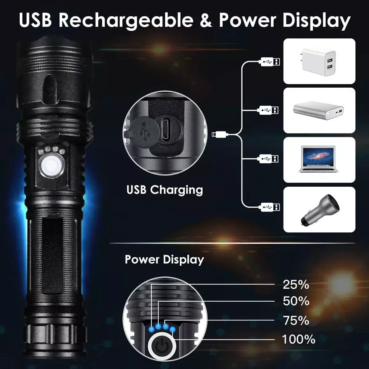 Linterna LED Recargable 200000 Lúmenes Zoom IPX5 Alumino-4