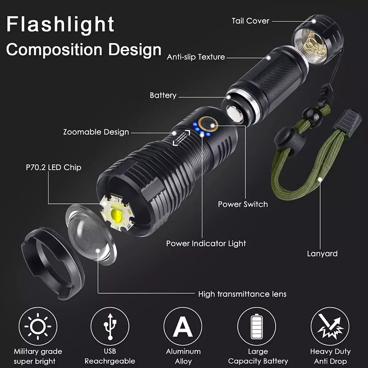Linterna LED Recargable 200000 Lúmenes Zoom IPX5 Alumino-6