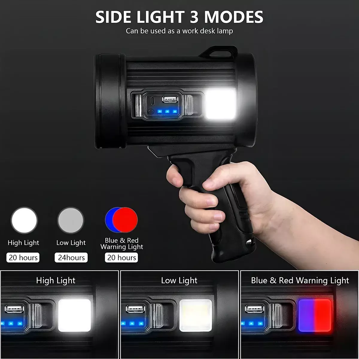 Linterna Recargable LED Alta Potencia Impermeable IPX6 Con Panel Solar y Filtros Tricromáticos-5