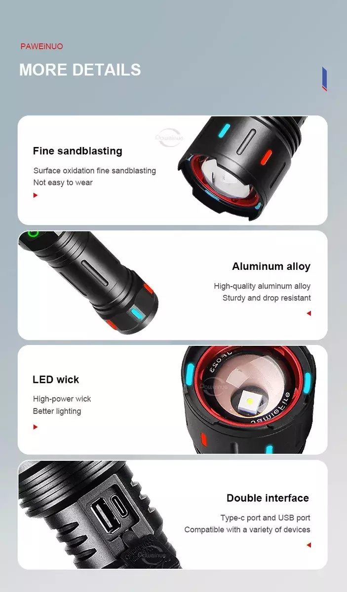 Linterna LED IPX6 Recargable USB Tipo-C 5 Modos Alumino-4