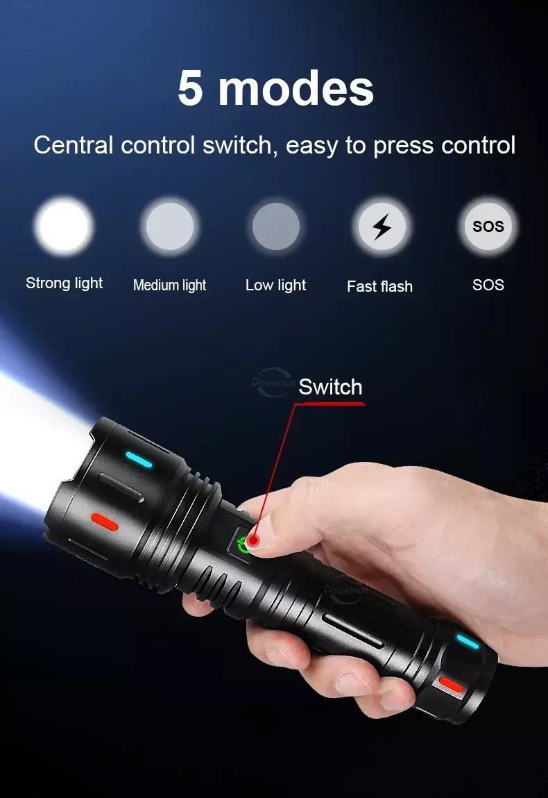 Linterna Recargable LED IPX6 Aluminio USB Tipo-C 5 Modos-5