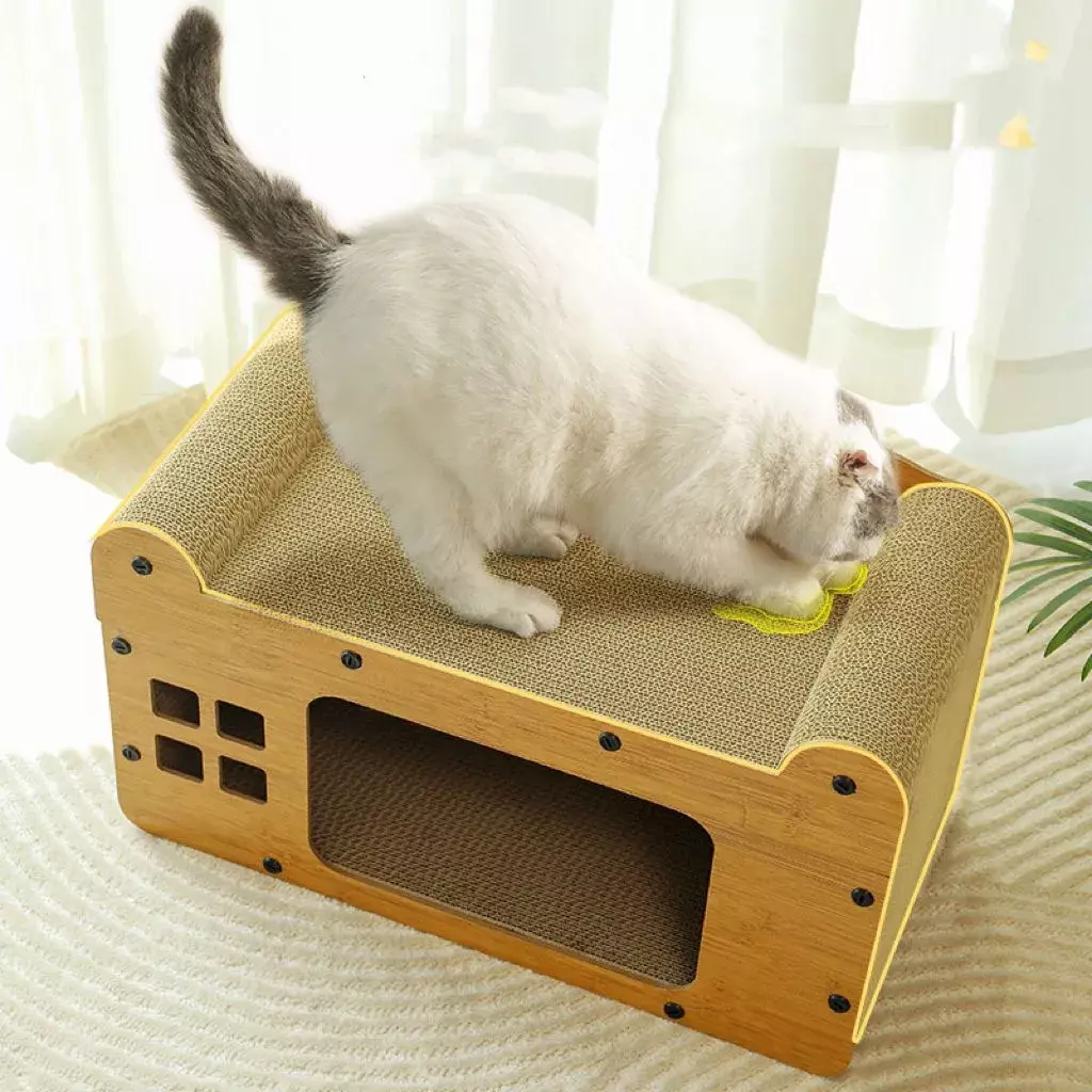 Cueva Rascador para Gatos Madera Cartón Corrugado 55 cm-3