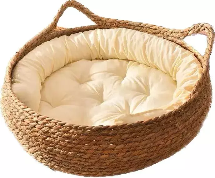 Cama Para Mascotas Redonda Yute Natural Cojín Algodón Beige -0