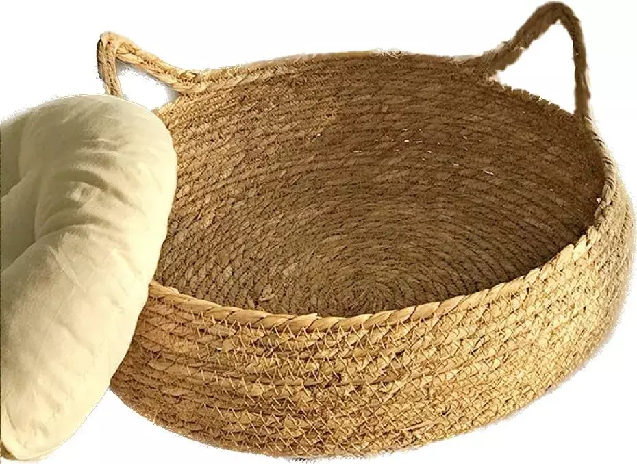 Cama Para Mascotas Redonda Yute Natural Cojín Algodón Beige -2