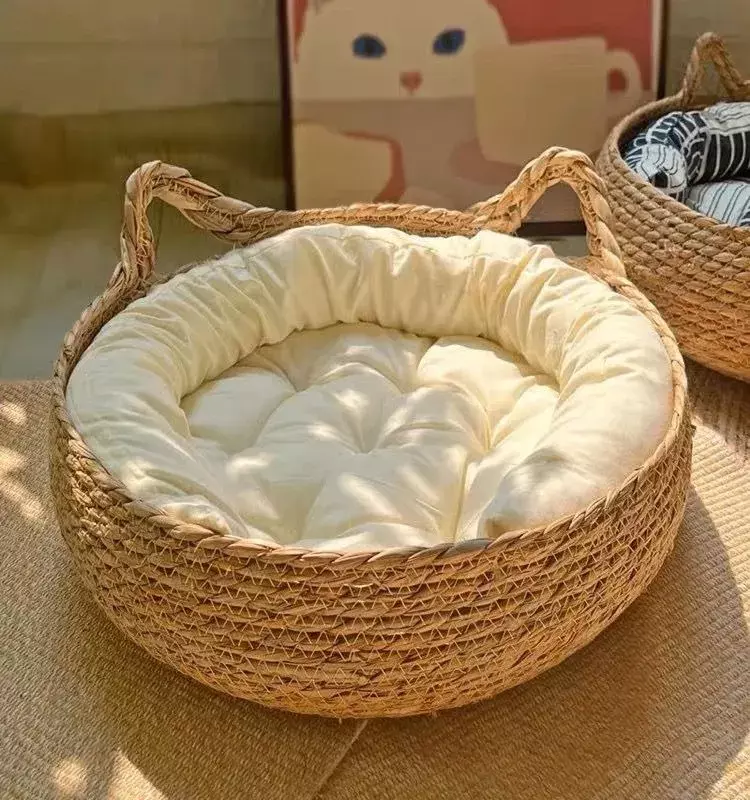 Cama Para Mascotas Redonda Yute Natural Cojín Algodón Beige -3