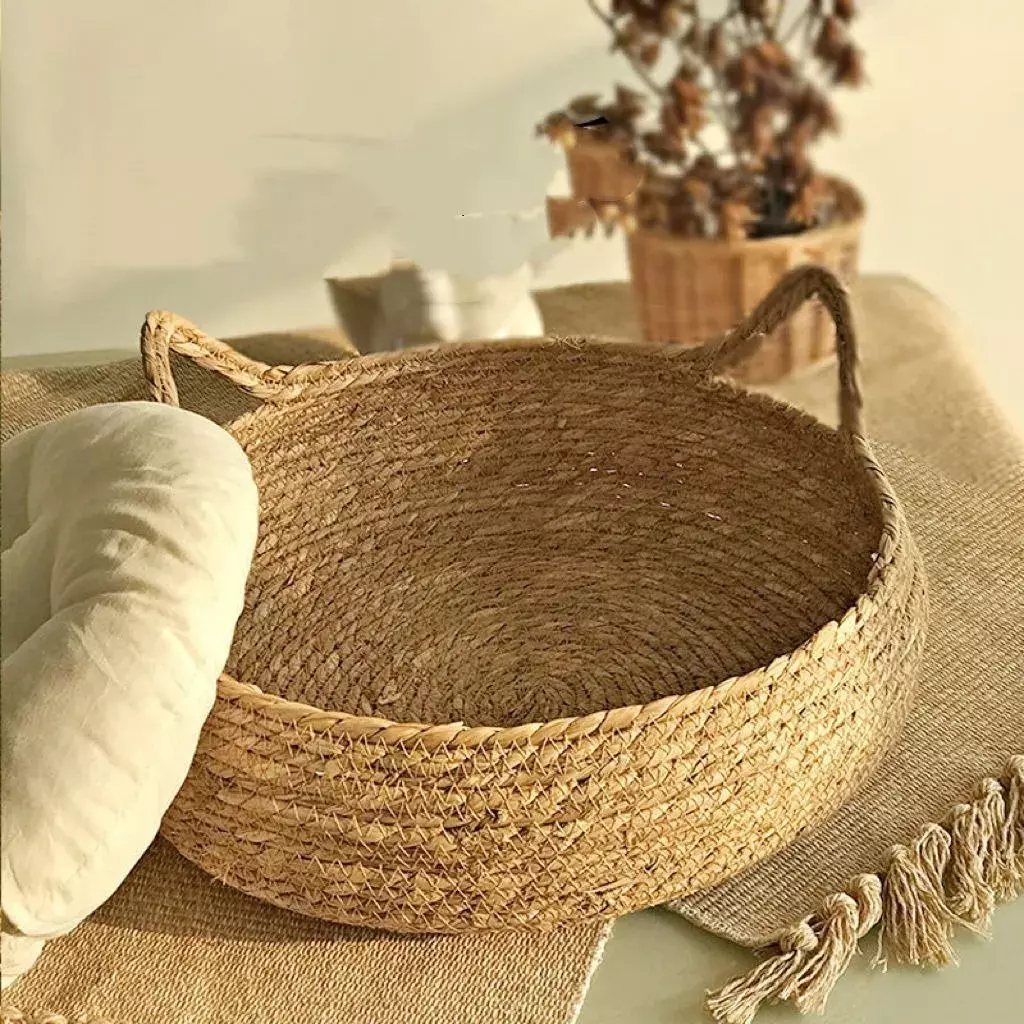 Cama Para Mascotas Redonda Yute Natural Cojín Algodón Beige -4