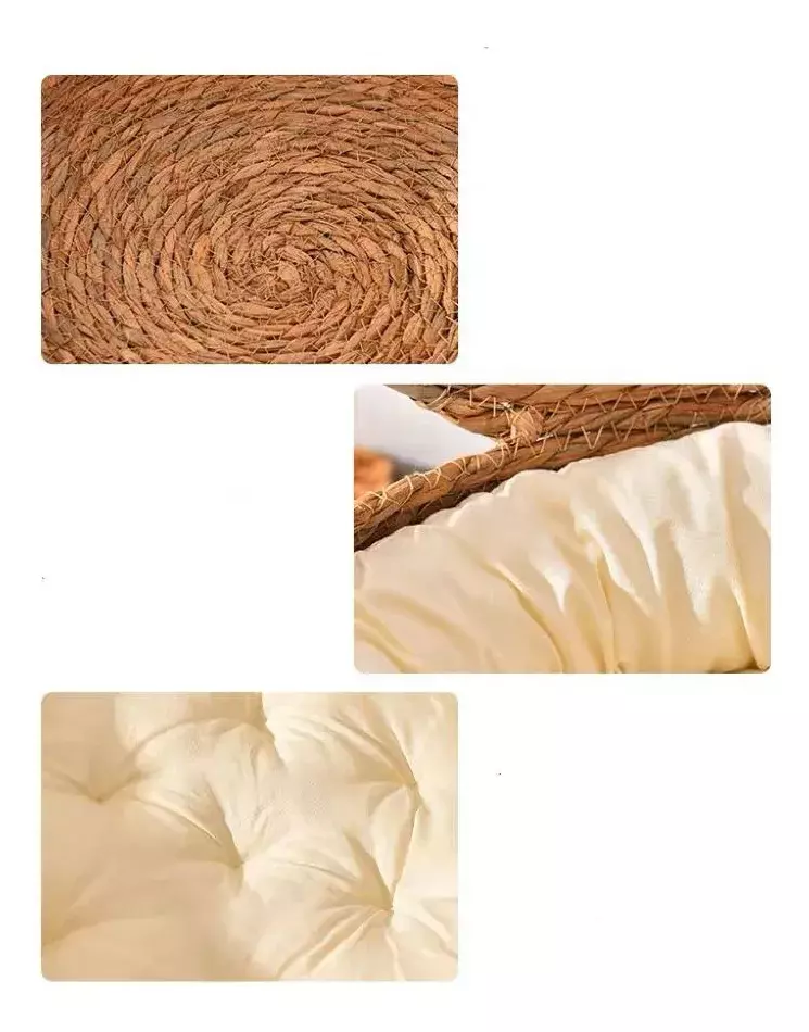 Cama Para Mascotas Redonda Yute Natural Cojín Algodón Beige -5
