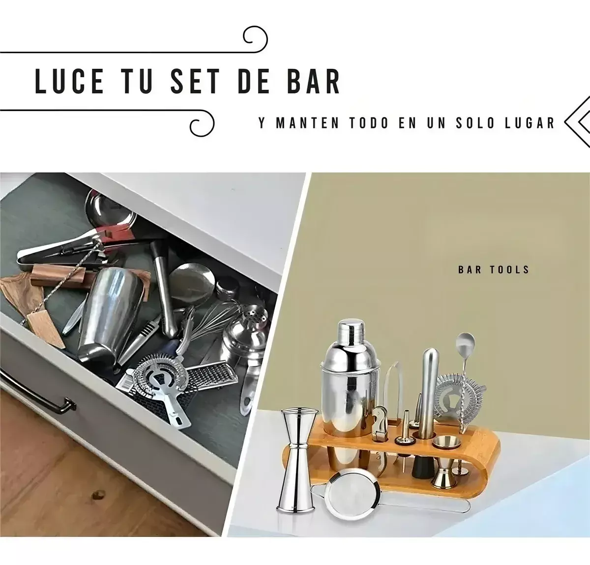 Set de Cóctel Acero Inoxidable 12 Piezas con Base de Bambú-2