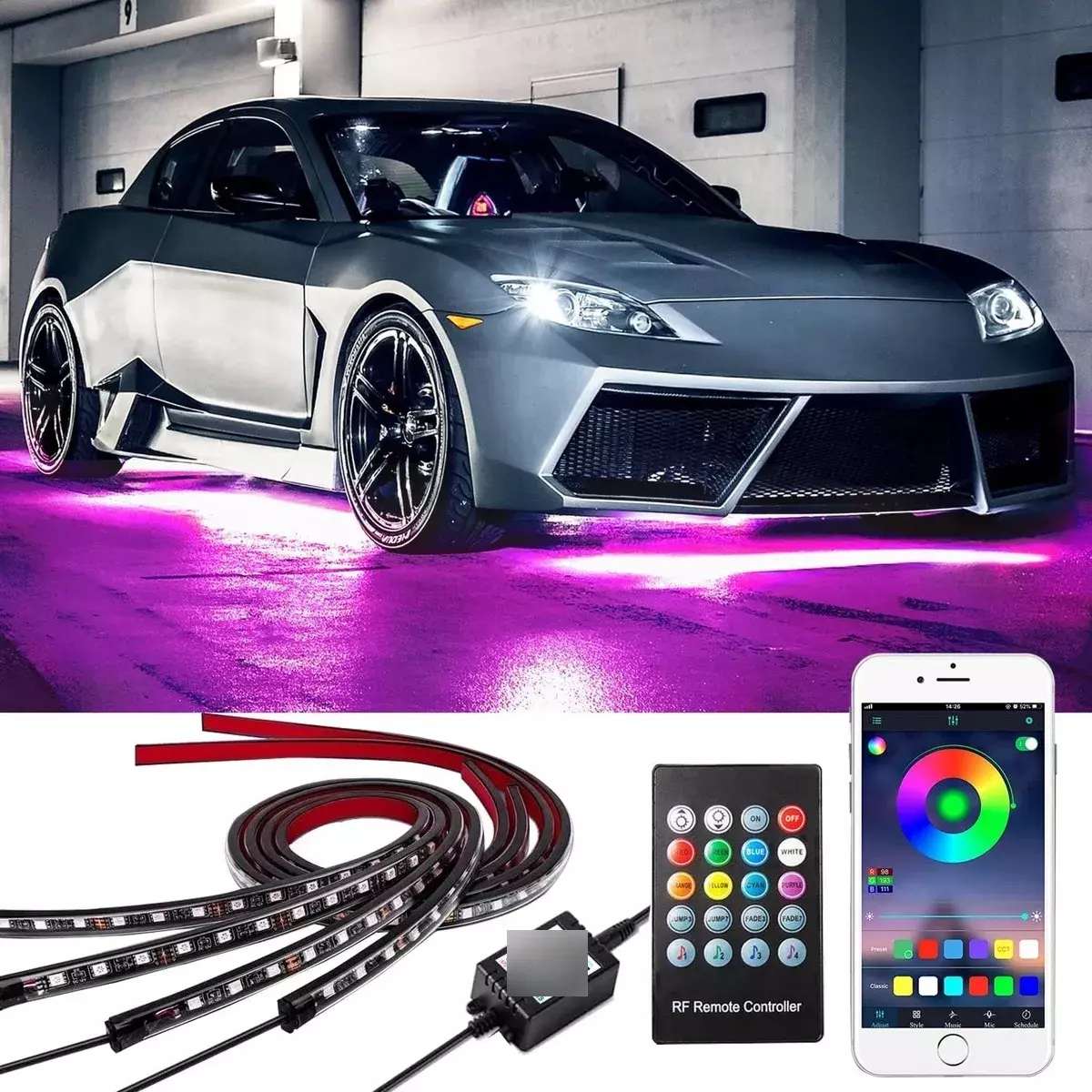 Luces LED Bajo Coche RGB Impermeables Control Remoto Tipo Tira-3