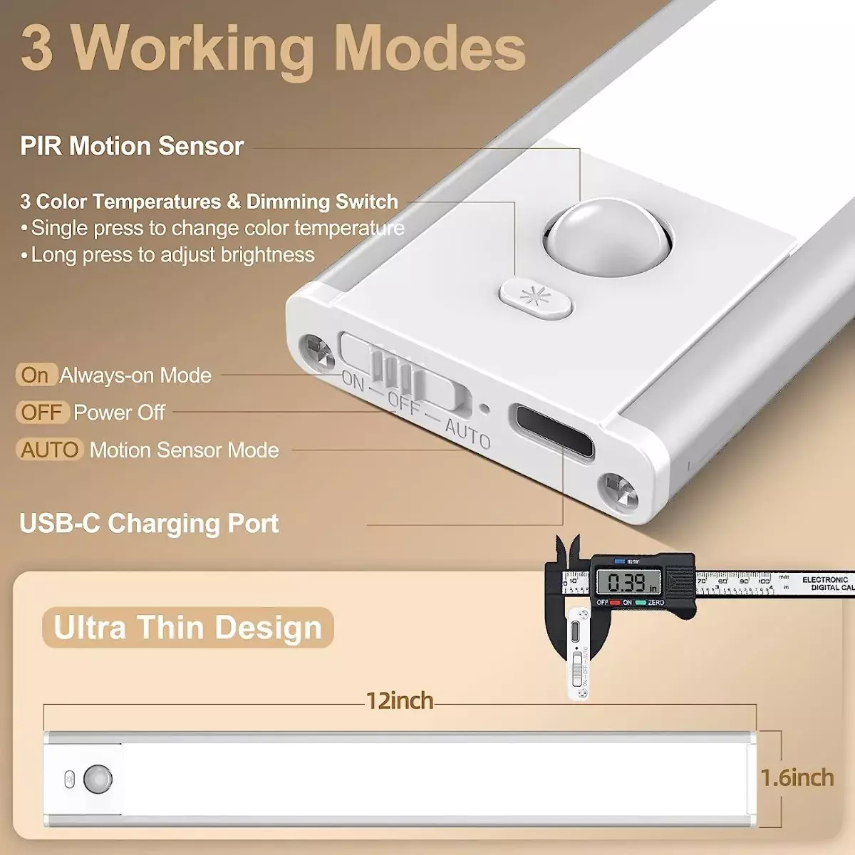 Luz LED Bajo Gabinete Recargable USB Sensor Movimiento Temperatura Ajustable-2