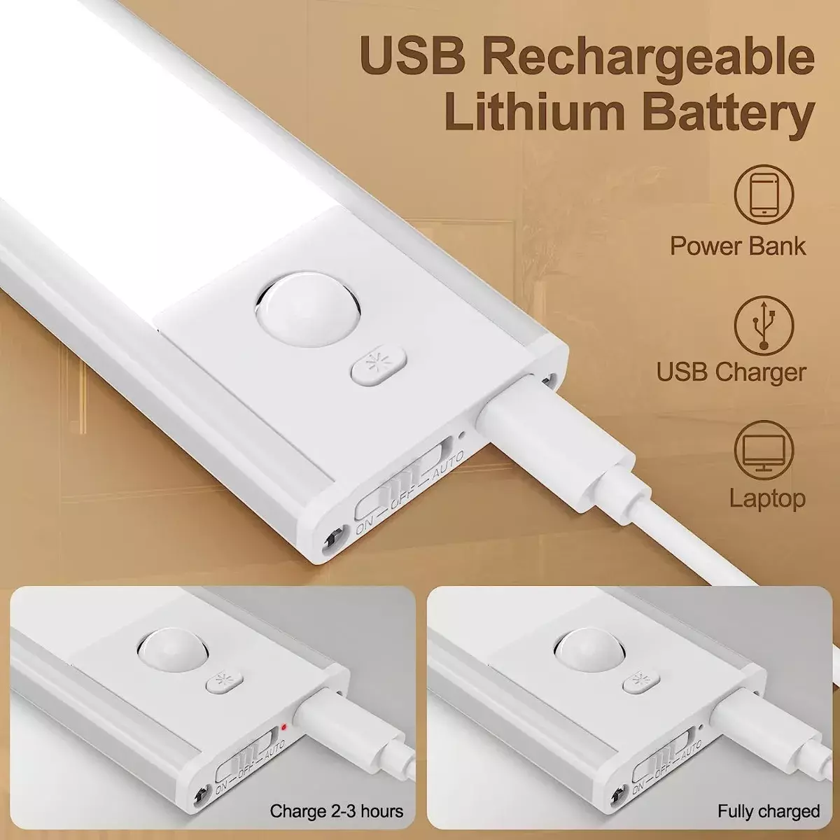 Luz LED Bajo Gabinete Recargable USB Sensor Movimiento Temperatura Ajustable-4