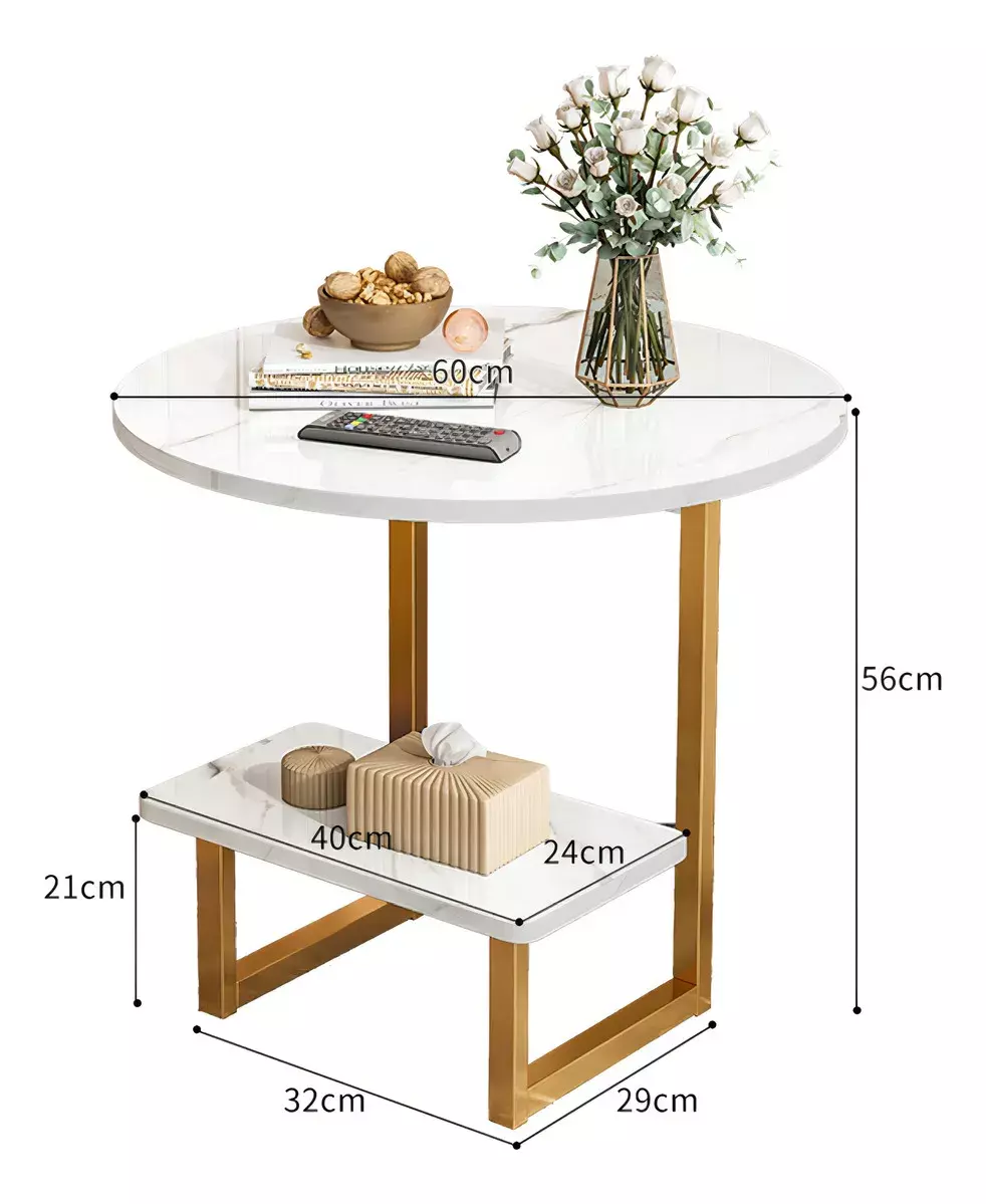 Mesa Auxiliar Redonda Mármol Blanco Base Metálica 60x56cm-4