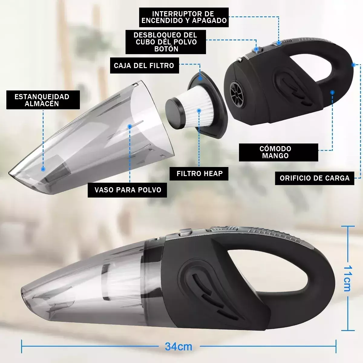 Aspiradora de Mano Portátil 4500PA Filtro HEPA Lavable Recargable 2200mAh-1