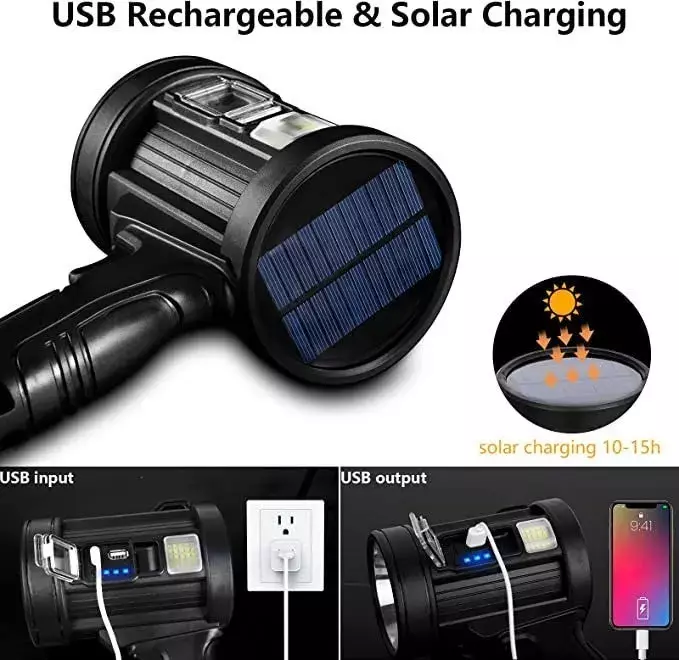 Linterna LED Recargable IPX6 Impermeable USB y Solar Tricolor Ajustable-7