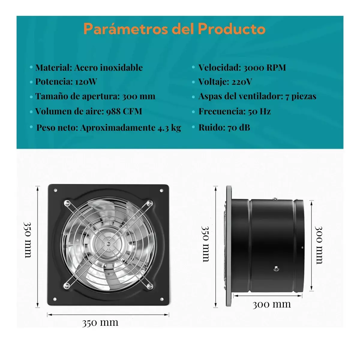 Ventilador Extractor de Cocina Acero Inoxidable 12 Pulgadas 120W-2