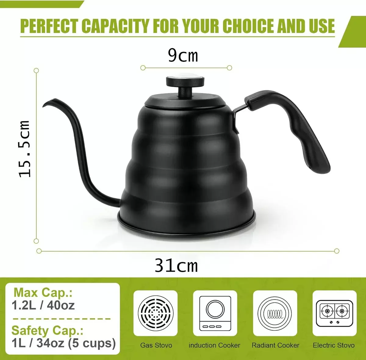 Hervidor de Cuello de Cisne Acero Inoxidable con Termómetro Negro 1L-2