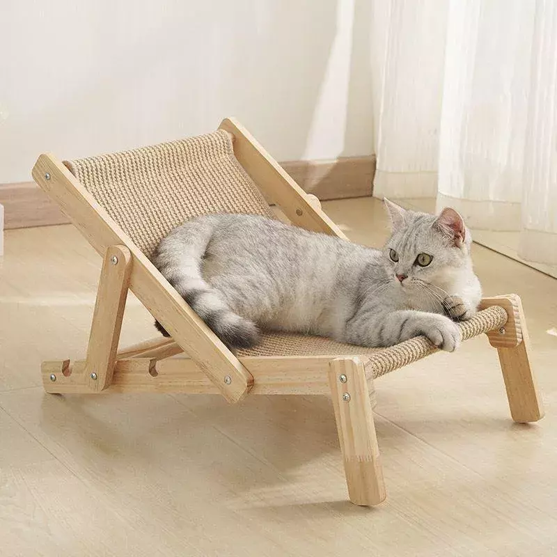 Cama para Gatos Madera y Ratán Ajustable Interior Exterior-7