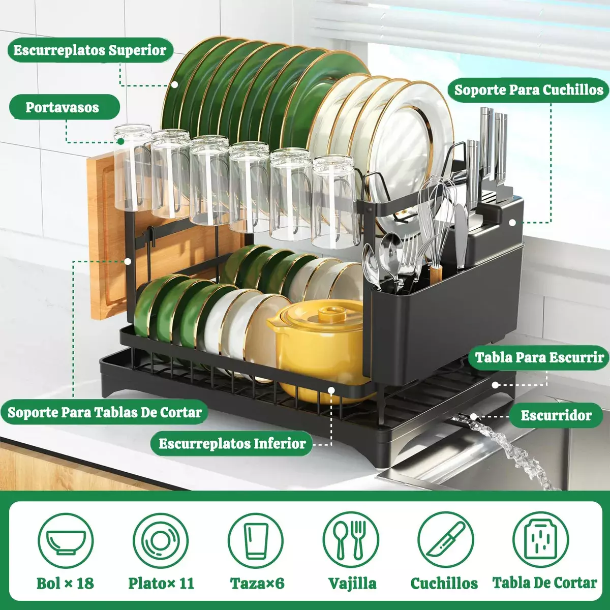 Escurreplatos de Acero Carbono 2 Niveles con Drenaje Giratorio y Soporte para Utensilios-2