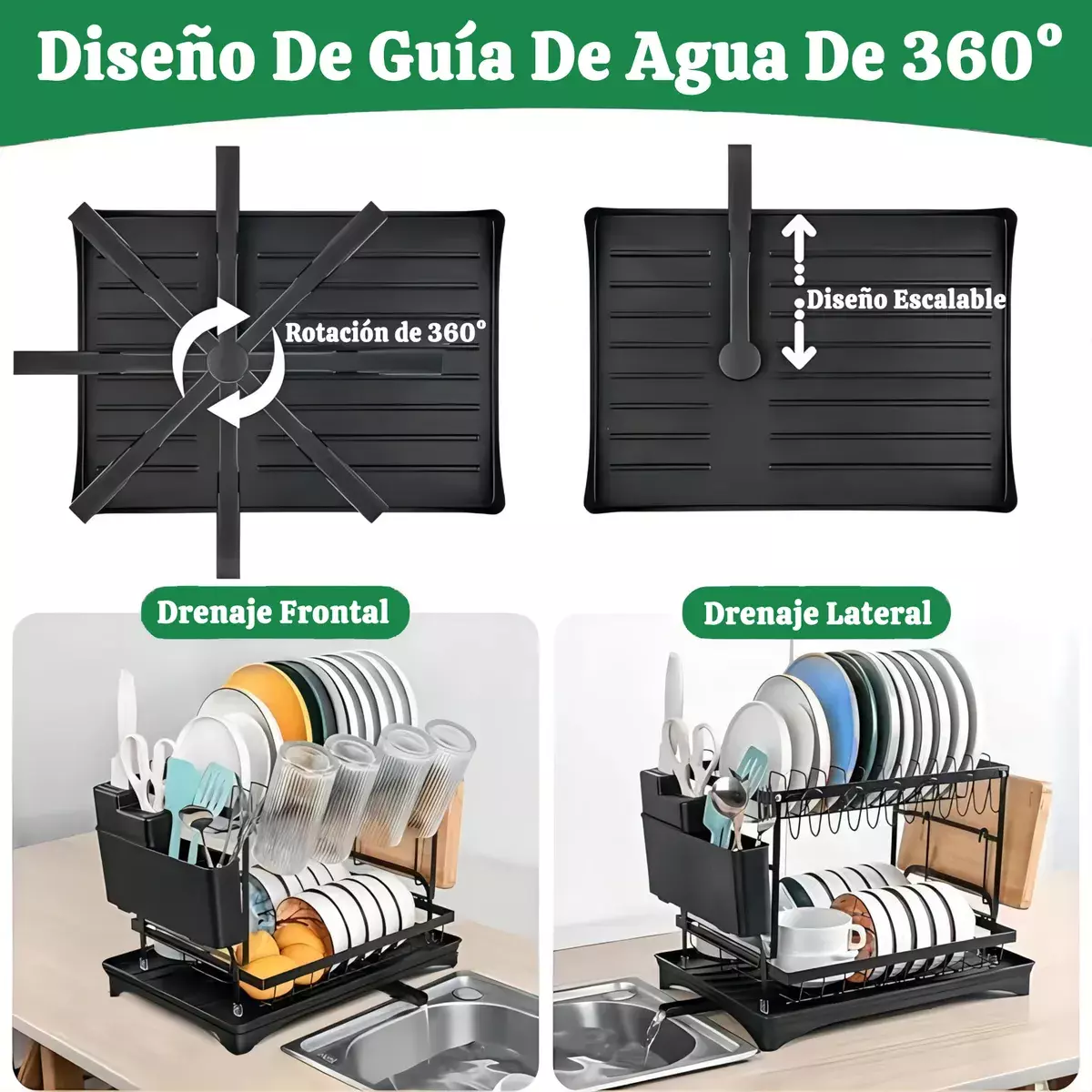 Escurreplatos de Acero Carbono 2 Niveles con Drenaje Giratorio y Soporte para Utensilios-3