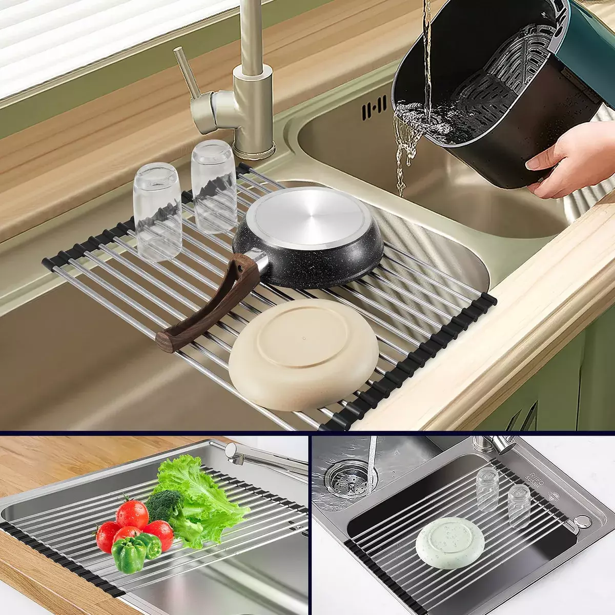 Escurreplatos de Acero Carbono 2 Niveles con Drenaje Giratorio y Soporte para Utensilios-4