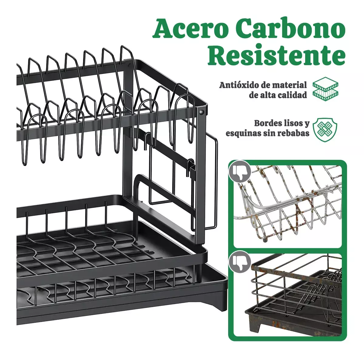 Escurreplatos de Acero Carbono 2 Niveles con Drenaje Giratorio y Soporte para Utensilios-6