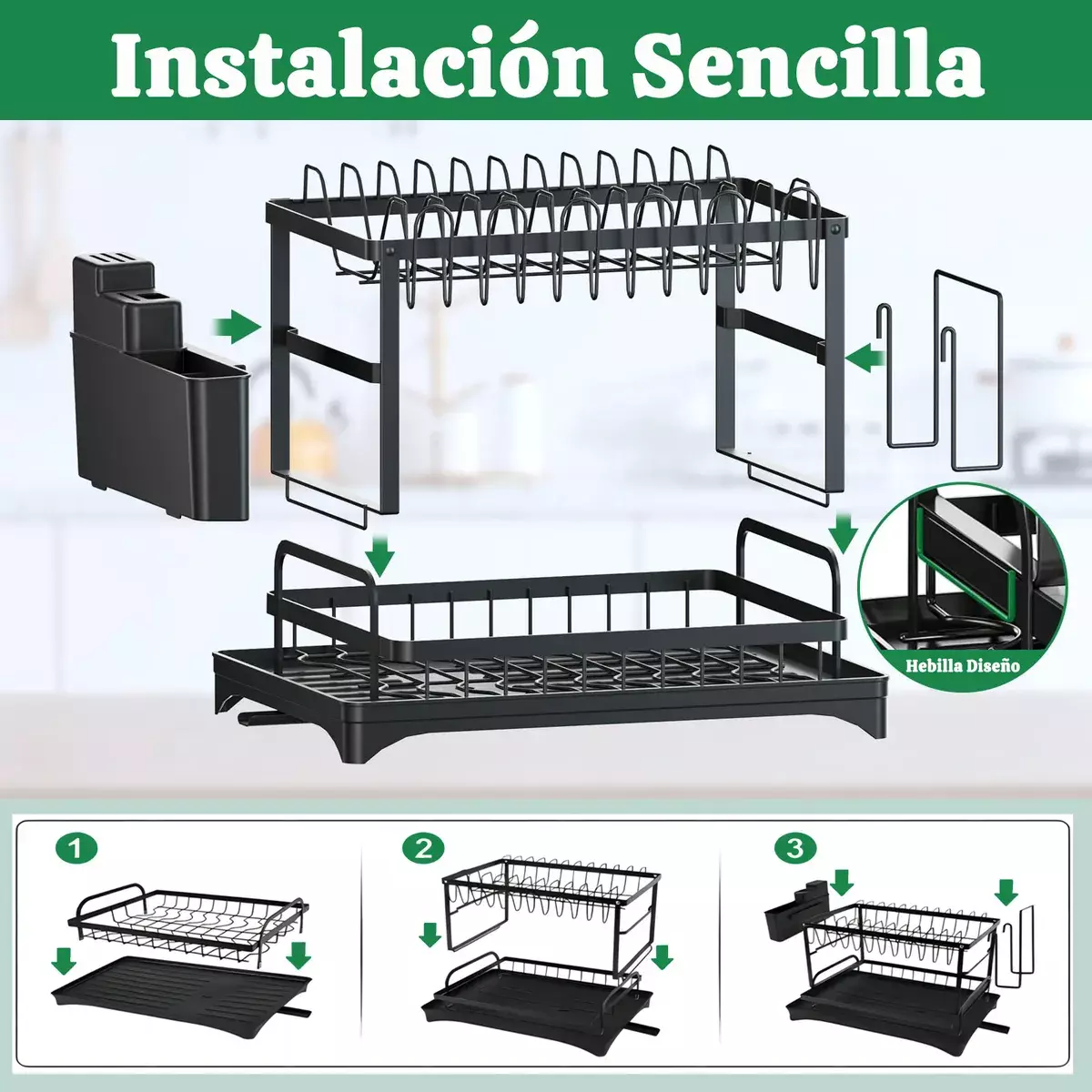 Escurreplatos de Acero Carbono 2 Niveles con Drenaje Giratorio y Soporte para Utensilios-9