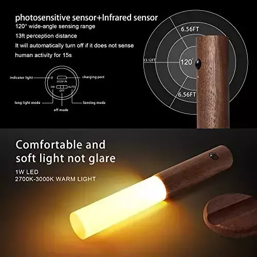 Lámpara de Luz Nocturna LED Inalámbrica Sensor Movimiento Magnético Madera-3
