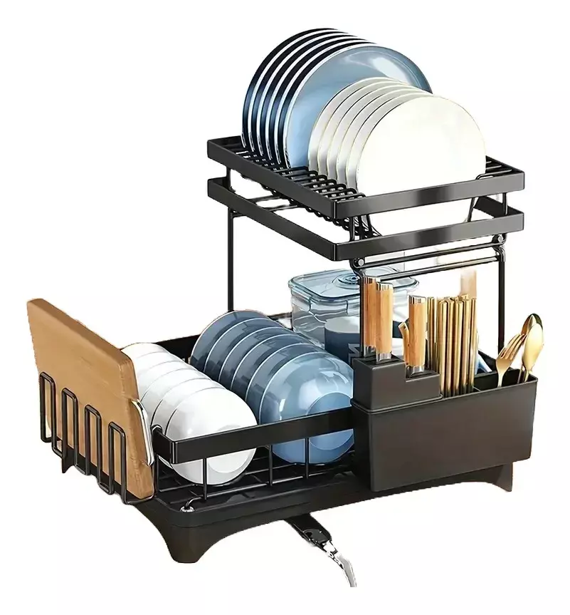 Escurridor De Platos 2 Niveles Desmontable Con Drenaje Giratorio 360°-0