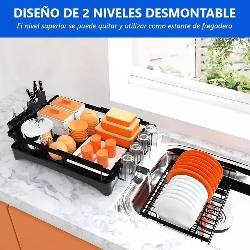 Escurridor De Platos 2 Niveles Desmontable Con Drenaje Giratorio 360°-4