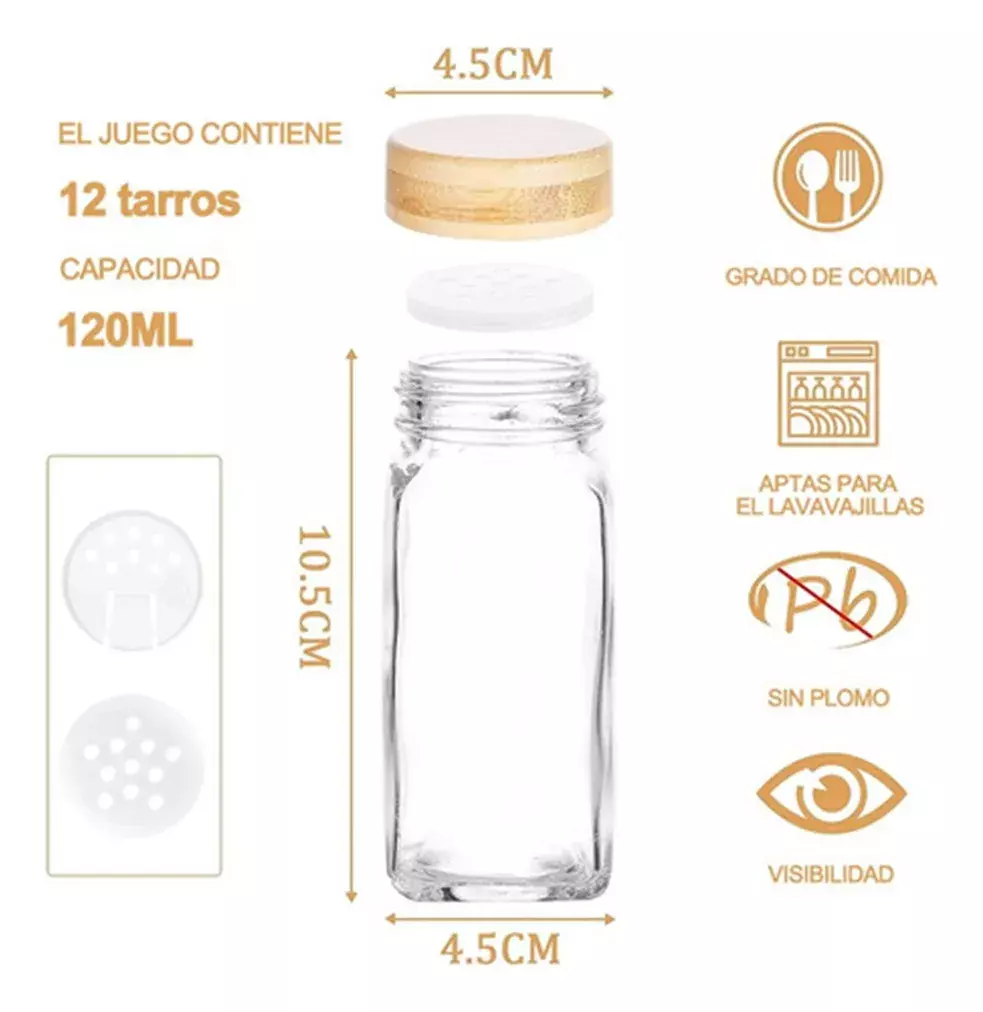 Juego de Frascos para Especias 12 Piezas Vidrio Tapa Bambú 120ml-3