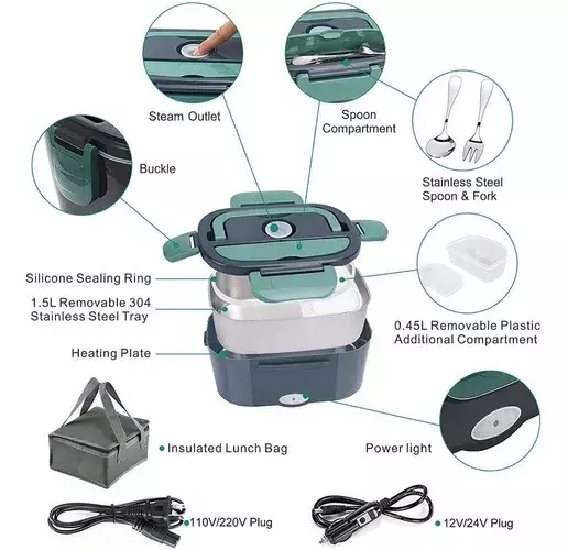 Lonchera Eléctrica Portátil 1.5L Acero Inoxidable 80W-2