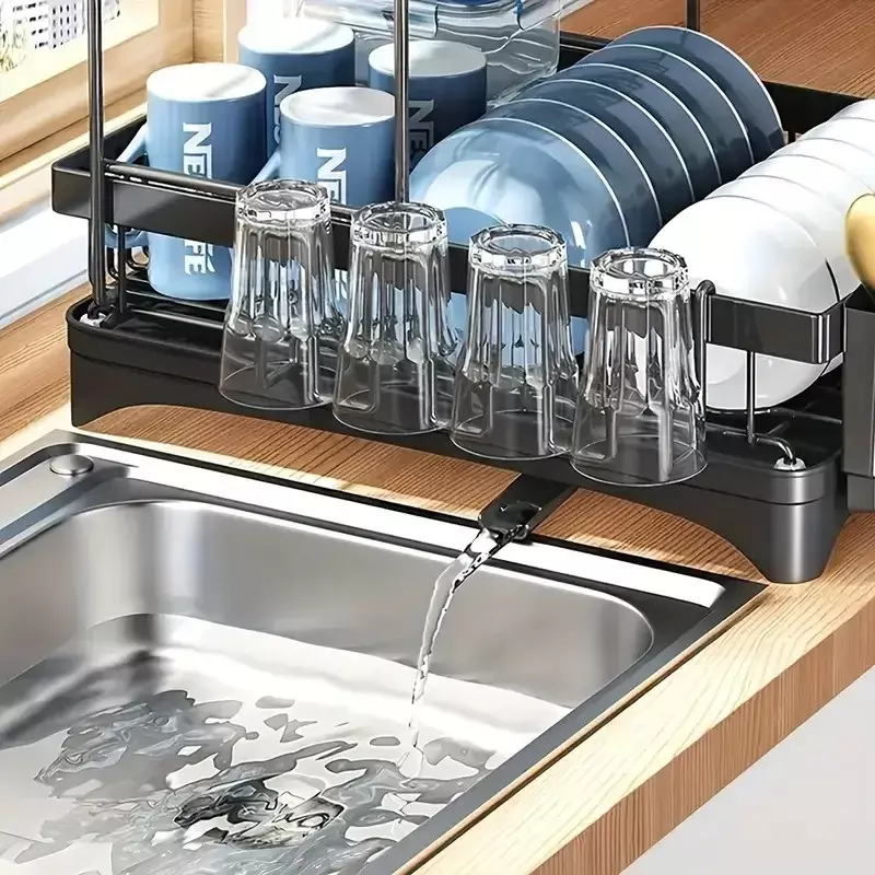 Escurridor de Platos de 2 Niveles con Bandeja de Drenaje Giratoria 360° Ajustable Negro-2