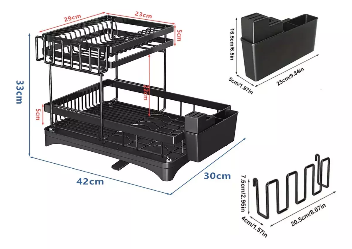 Escurridor de Platos de 2 Niveles con Bandeja de Drenaje Giratoria 360° Ajustable Negro-6