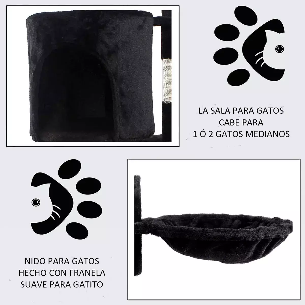 Árbol Rascador para Gatos con Juguetes Multinivel Franela Negra  -5