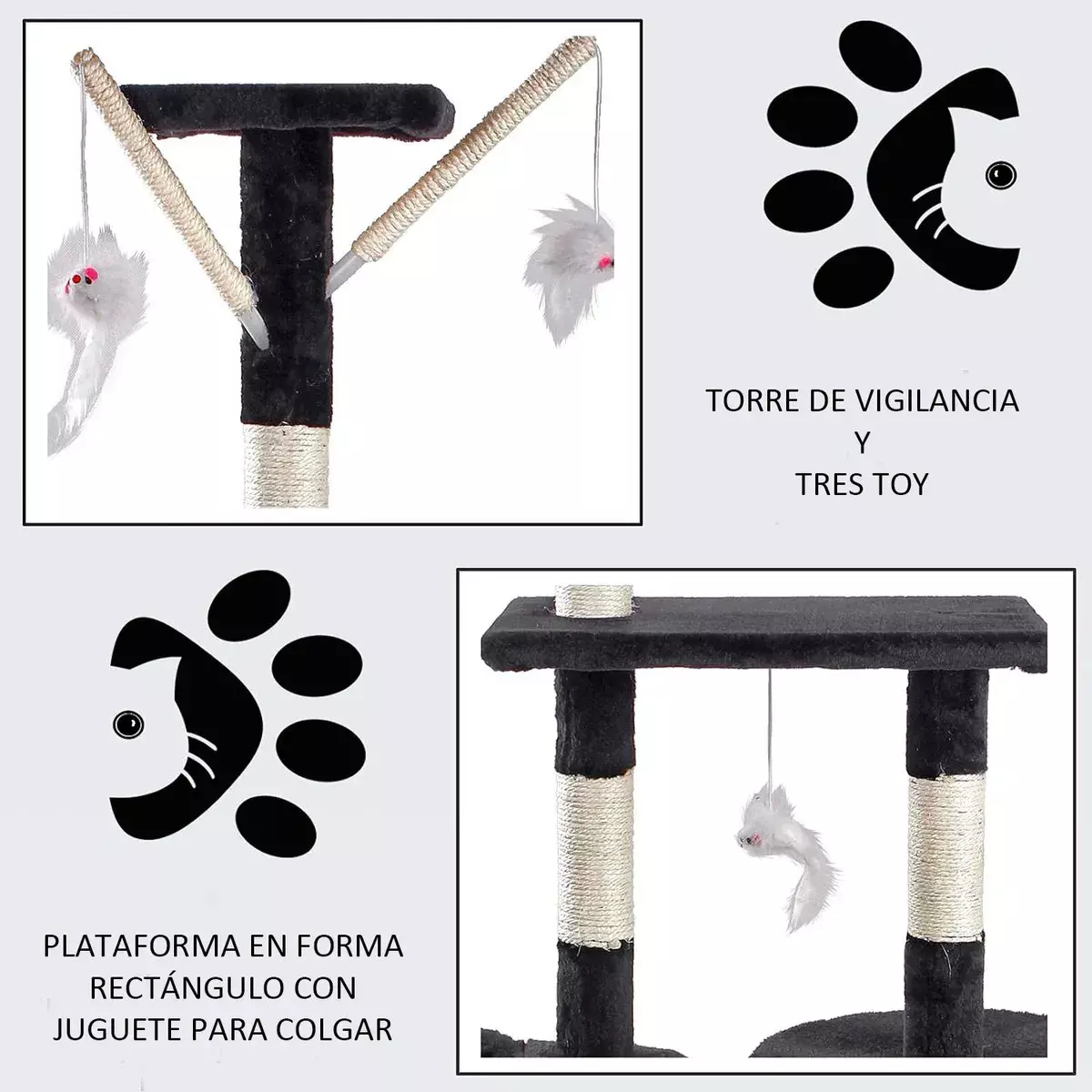 Árbol Rascador para Gatos con Juguetes Multinivel Franela Negra  -6