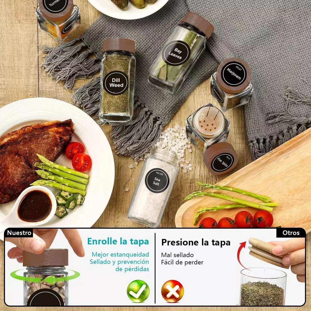 Frascos de Especias Vidrio Transparente Con Tapa Hermética 12 Unidades-3