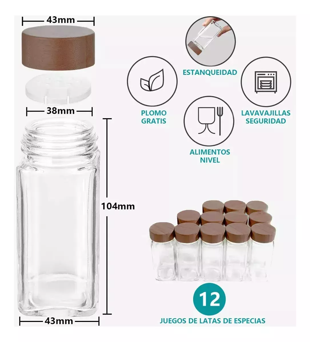 Frascos de Especias Vidrio Transparente Con Tapa Hermética 12 Unidades-6