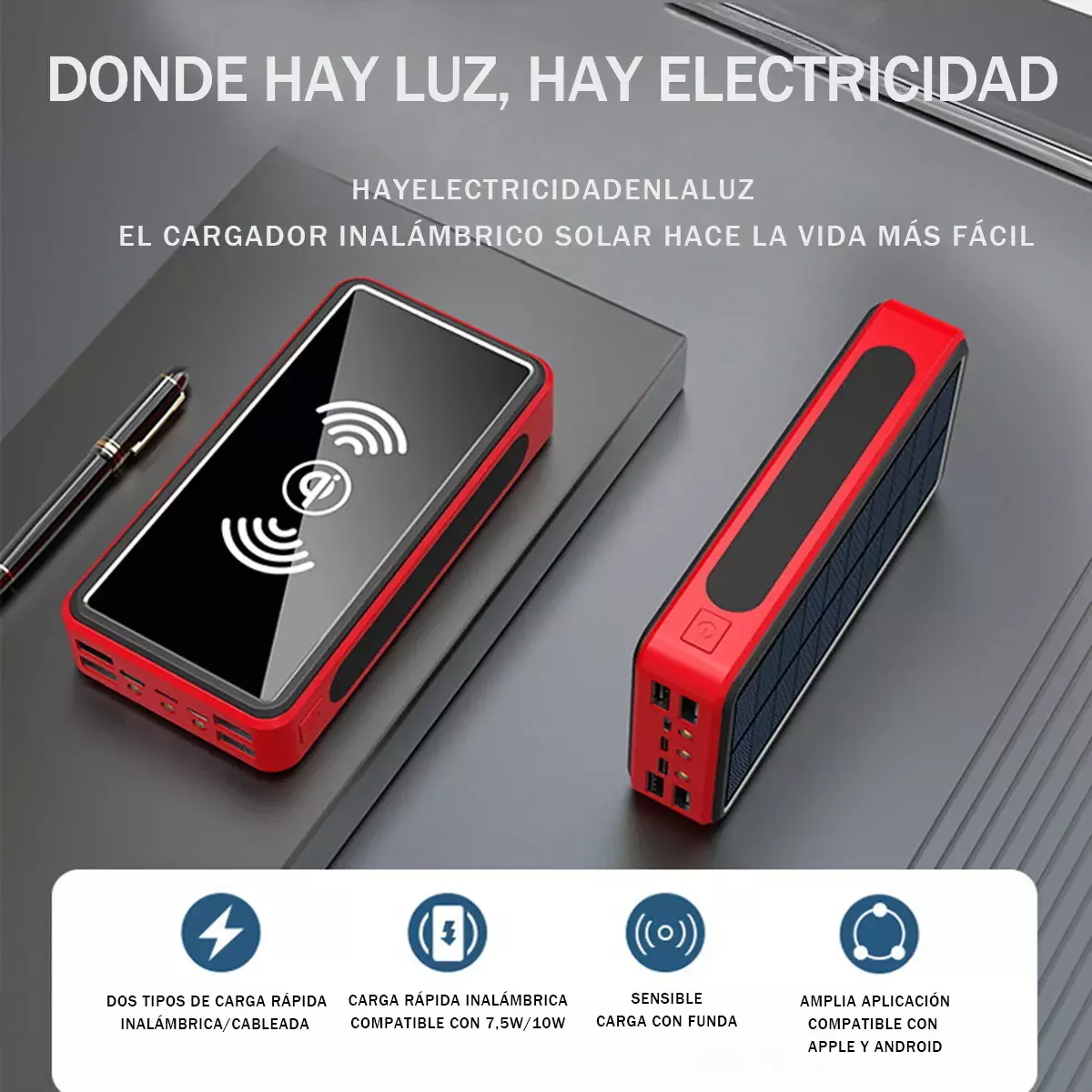 Power Bank Solar 80,000mAh Cableado e Inalámbrico Rojo USB Tipo-C-8