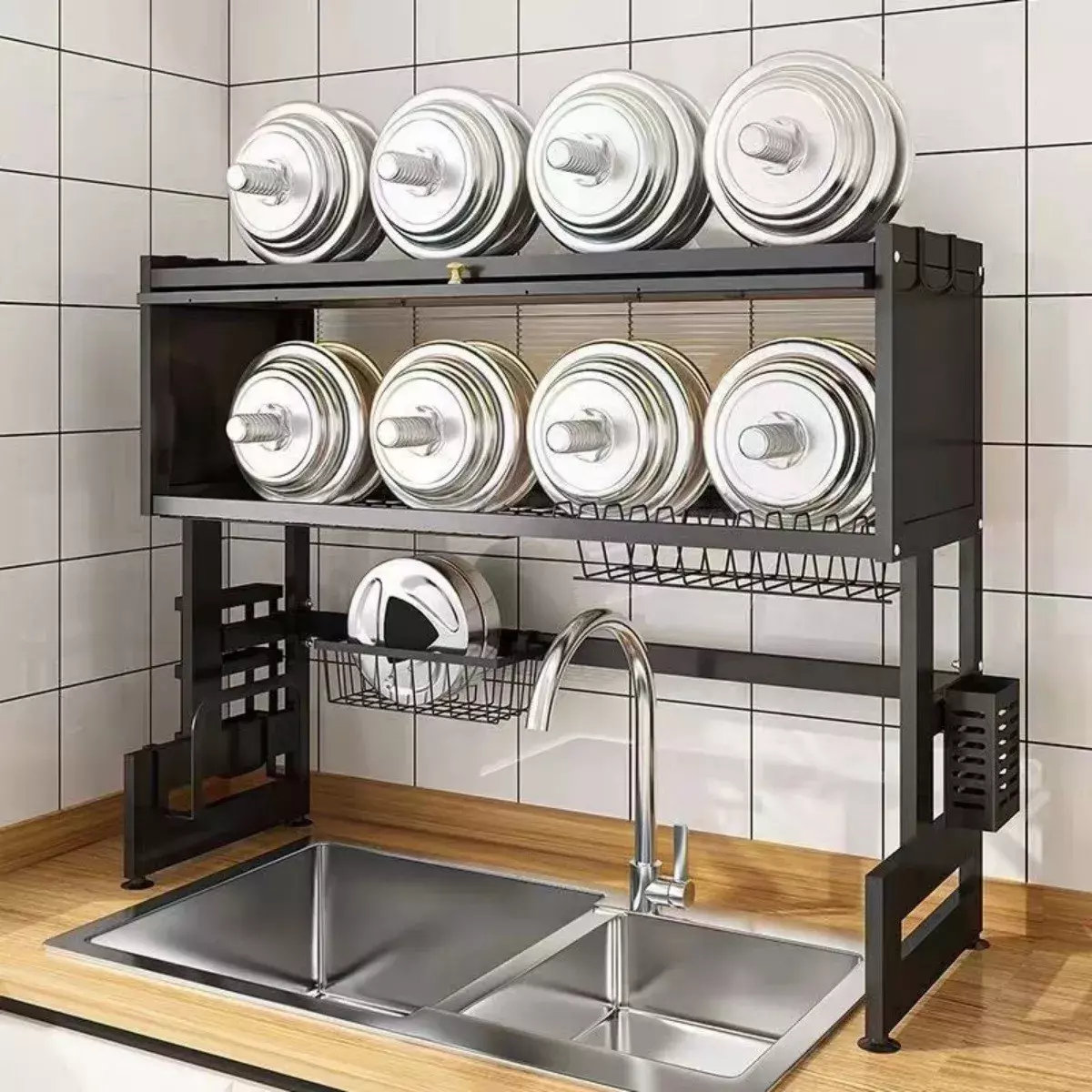 Organizador De Cocina Sobre Fregadero Acero Inoxidable Negro 65cm Ajustable-2